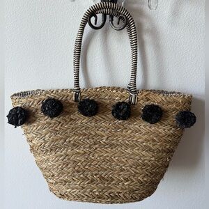 Mimi Premiun Insulated Tan and Black Woven Tote Bag With Pom Pom’s NWT